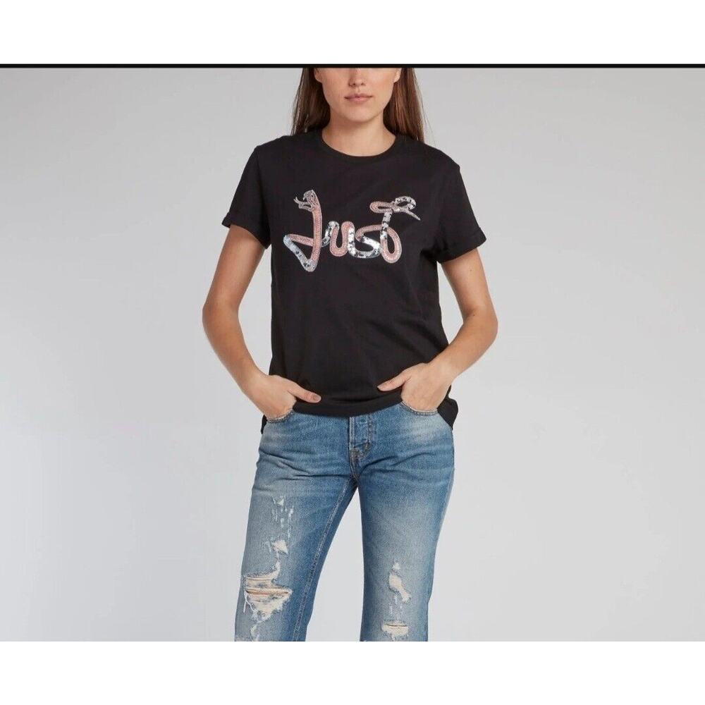 Just Cavalli WomensT-Shirt XS Black Sequin Snake Logo Cotton Designer Crewneck